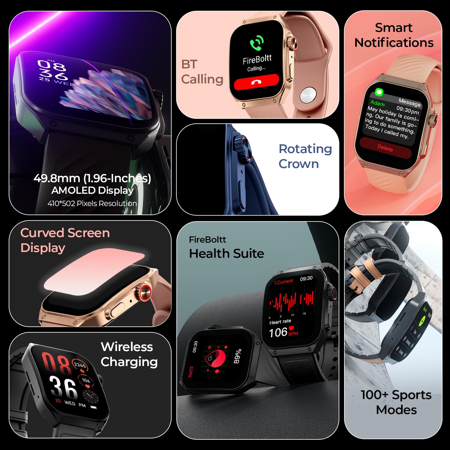 Fire-Boltt ARC 49.8mm (1.96 inch) AMOLED Always On Curved Display Smart Watch, Bluetooth Calling, Wireless Charging, 100+ Sports Modes, Water-Resistant 100+ Cloud Watch Faces (Black)