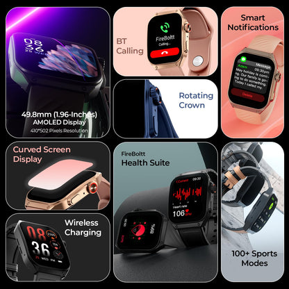 Fire-Boltt ARC 49.8mm (1.96 inch) AMOLED Always On Curved Display Smart Watch, Bluetooth Calling, Wireless Charging, 100+ Sports Modes, Water-Resistant 100+ Cloud Watch Faces (Black)