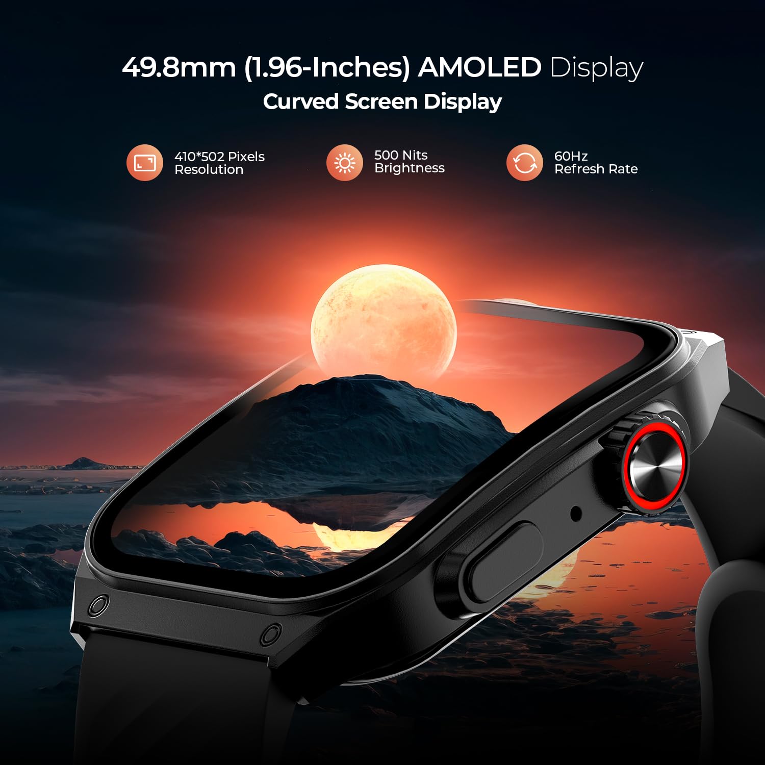Fire-Boltt ARC 49.8mm (1.96 inch) AMOLED Always On Curved Display Smart Watch, Bluetooth Calling, Wireless Charging, 100+ Sports Modes, Water-Resistant 100+ Cloud Watch Faces (Black)