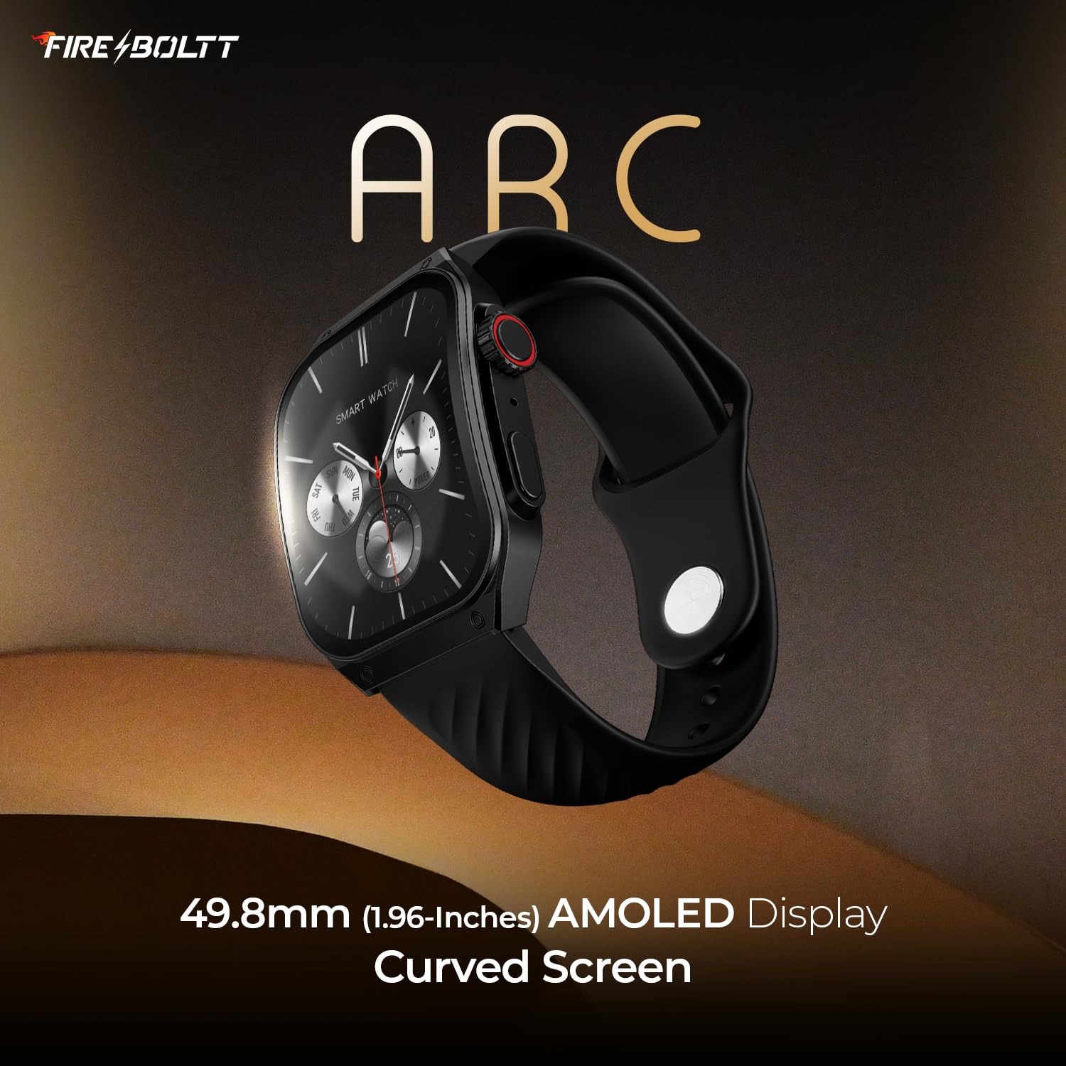 Fire-Boltt ARC 49.8mm (1.96 inch) AMOLED Always On Curved Display Smart Watch, Bluetooth Calling, Wireless Charging, 100+ Sports Modes, Water-Resistant 100+ Cloud Watch Faces (Black)